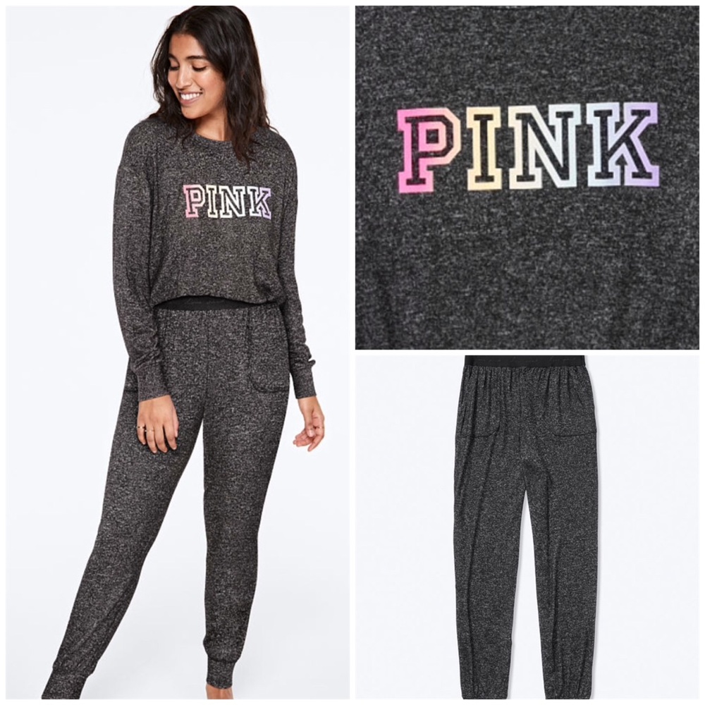 VS PINK COZY JOGGER RAINBOW TEE SLEEP SET PAJAMAS